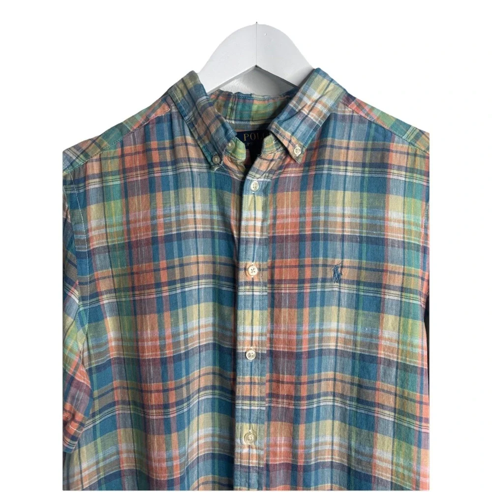 Ralph Lauren Shirt Youth XL 18- 20 Plaid 100% Linen Madras Short Sleeve Button